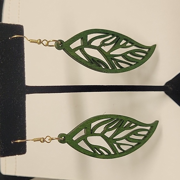 Green Leaf Wood Dangle 3" Earrings - Picture 1 of 1